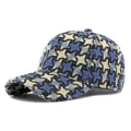 Thick warm houndstooth knit baseball cap in blue and black tweed for women - Adjustable / Blue
