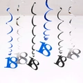 Set of 18th birthday party PVC hanging swirls in metallic blue, black, and silver finishes - 18th Birthday (Blue Silver Black) / 6 Pieces Set