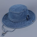 Blue denim hiking sun hat with wide brim, metal buttons, and adjustable windproof strap - 56-58cm / Medium Blue & White