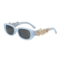 Detail of small oval sunglasses featuring a golden dragon design on a light blue matte frame - Handmade Items Ship In 3-4 Days / C15