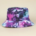 Detail view of cotton tie-dye bucket hat featuring purple and blue galaxy patterns - M (56-58cm) / Rose Red Green Series
