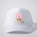White trucker hat with vintage cowboy boots and pink bow print in front view - White