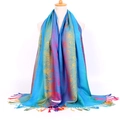 Detail of colorful peacock feather jacquard pattern and fringes on long scarf shawl - Peacock Blue