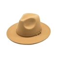 Detail of camel wool fedora with brown leather belt and gold metal buckle accent - M(56-58cm) / Khaki