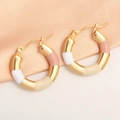 Gold-plated stainless steel bamboo hoop earrings with colorful enamel block design - Pink Yellow White