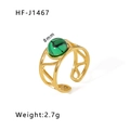 18k gold plated stainless steel ring featuring 8mm green natural stone bead - Green Textured Semi-round Bead Geometric Hollow Style (HF-J1467)