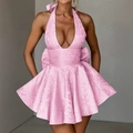 Pink halter neck deep V-neck dress with textured fabric and large back bow detail - S / Pink