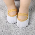 Light blue cotton baby boat socks with yellow elastic strap and delicate lace trim - 1306-Grey (No Non-slip Grip)