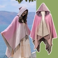 Ethno-Poncho mit Kapuze, rosa und lila Farbverlauf mit Fransen für Damen - Farbe 10