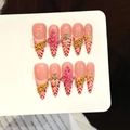 Roze plaknagels met vlammenpatronen, gouden kruisen en florale 3D-nagelkunst versieringen - Extra Klein (XS) / 3036-Lange Stiletto