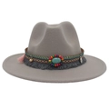 Grey felt cowboy fedora hat with turquoise ethnic beaded band and tassel accents - Light Grey (Ethnic Decorative Band)