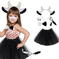 Five-piece cow costume set for kids including headband, nose, bowtie, tail, and tutu skirt - Black and White Cow 5-Piece Set