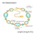 Golden stainless steel bracelet with light blue Czech glass stones and adjustable chain - Oval-Gold Blue Glass (S013)