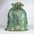 Sac cadeau de Noël vert forêt en coton avec motifs de sapins dorés scintillants - Sapin de Noël Vert (Ruban) / 50*70CM