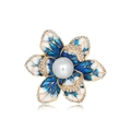 Eleganter Gold-Blumen-Brosche mit blau-weißen Emaille-Blüten und zentraler Perle - Blau