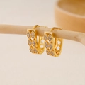 Close-up of gold V-shaped hoop earrings with white zircon on a wooden branch - EH410026-Gold Clover Hollow