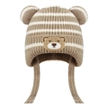 Beige striped knit baby earflap hat with bear ears and chin straps for winter - One Size / Coffee