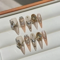 Lussuose unghie a pressione occhio di gatto champagne con glitter e grandi gemme - Extra Piccolo (XS) / Stiletto Lungo (2398)