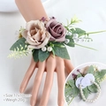 Pink and mocha artificial rose wrist corsage with pearl elastic bracelet for weddings - Wrist Corsage / Dusty Pink