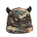 Camouflage snapback hat featuring black devil horns and a trendy flat brim design - Full Camo