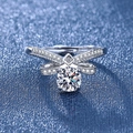 Silver bow ring with sparkling round center stone and clear side zircons - White Diamond Ljz-203 / Adjustable Open