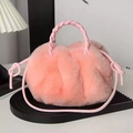 Pink faux fur handbag with a pleated design and braided leather handle in autumn style - Korean Pink