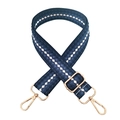 Close-up of thick 3.8cm navy blue diamond pattern strap with gold metal lobster clasps - White Blue Navy