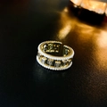 Detail of gold-plated geometric ring with double rows of mini pearls and square zircon - Gold Cutout Pearl Geometric Style