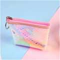 Mini laser rainbow PVC coin purse with fish scale pattern and metal keychain - Pink Trapezoid Style