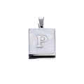 Detailed macro view of silver square letter P pendant with white mother of pearl inlay - Steel P