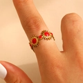 Detail of 18K gold stainless steel ring with sunflower design and red enamel inlay - 18k Gold Plated (A-341)