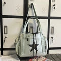 Mint green nylon tote bag with black star print and drawstring closure design - Green