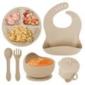 Beige 6-piece silicone baby feeding set with suction bowl, plate, bib, and cup - 6-Piece Set with Full Silicone Cutlery / Beige