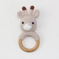 Handmade crochet giraffe baby rattle with a wooden ring featuring I Love Mom engraving - Deer
