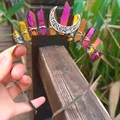 Detailed view of handmade colorful crystal moon crown with intricate wire wrapping - Plated Deep Purple Crystal with Silver Wire & Moon