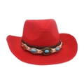 Sombrero de vaquero de paja tejida roja con banda decorativa étnica y piedras azules - Rojo