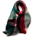 Elegant striped plaid scarf in red green grey and beige with decorative tassels - 180cm / Red & Green