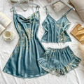 Blue satin 3-piece floral sleepwear set with slip dress, camisole and ruffle hem shorts - S / Green Cherry