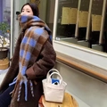Rainbow plaid scarf with thick tassels and mohair texture in blue and brown - Blue & Coffee Two-tone