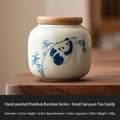 Miniature blue panda ceramic tea canister with bamboo motif and airtight wooden lid - Straw Ash Hand Painted - Panda & Bamboo