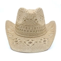 Detailed close-up of hollow woven straw cowboy hat featuring a wide wavy brim texture - Off-white