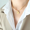 Gold coin necklace with Elizabeth II portrait, star charm and elegant bead chain detail - 40+5cm / Gold Color (P916)