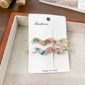Pink and green marble acetate wavy hair clips set on a gold metal barrette base - 2 Pieces/Pack (6.8cm) / Pink and Green