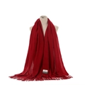 Detailed view of solid color imitation cashmere winter scarf for women, warm and cozy fringe. - Wine Red