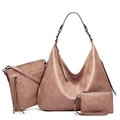 Three-piece retro soft leather tote bag set in dusty rose with tassel details - Pink