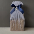 Handwoven basket wrapped in gold star tulle with a large navy blue ribbon and pearl tag - Navy Blue Full Wrap Star Moon Mesh