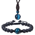 Detail of natural black lava stone and blue tiger eye bead necklace and bracelet set - Blue Tiger Eye Set