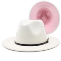Detail of two-tone wool fedora hat in white and pink with black leather decorative belt - M (56-58cm) / White + Pink
