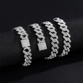 Ensemble de bracelets cubains argentés style hip hop punk sertis de cristaux pour homme - Bracelet 8 pouces + Collier 22 pouces / Argent