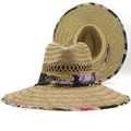 Dettaglio cappello in paglia con bordo floreale e cordino regolabile per esterni - Stile Floreale Nero